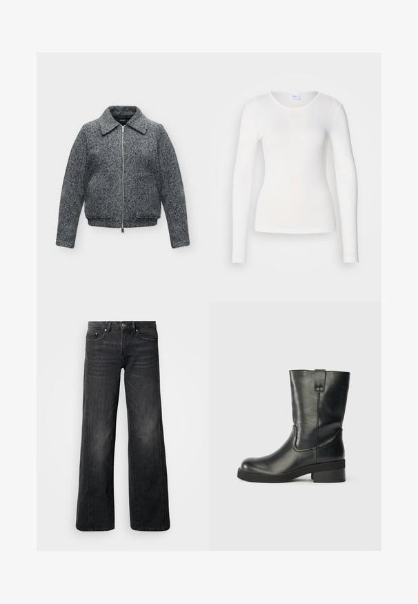 Veste grise en mélange de laine avec fermeture éclair intégrale à l'avant, deux poches avant, manches longues et large col.; Chemise blanche à manches longues en tissu doux et lisse ; présente un col rond et une coupe ajustée, sans motifs ni embellissements.; Jeans à jambes larges en denim gris foncé, dotés d'un design classique à cinq poches, d'un léger effet délavé et de détails en métal à la taille.; Botte en cuir noire mi-mollet avec un petit talon, bout rond et une languette sur le côté, sur un fond uni.