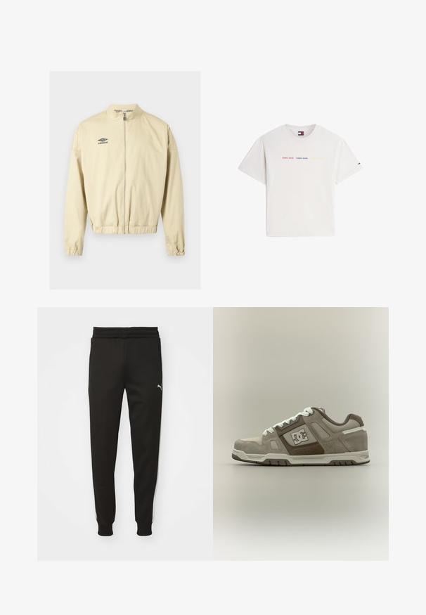 Beige lynlåsjakke med stående krave, elastiske manchetter og kant, med en lille sort Umbro-logo på venstre bryst.; Hvid T-shirt med korte ærmer med "TOMMY JEANS" trykt i rød, blå og gul henover brystet og et lille logo på venstre ærme.; Sorte træningsbukser med tapered fit, elastisk talje, sidelommer og hvide side-striber. Har et lille logo på venstre lår.; Beige og brun DC sneaker med hvide snørebånd, perforerede detaljer og logo på siden, vist i sideprofil på neutral baggrund.