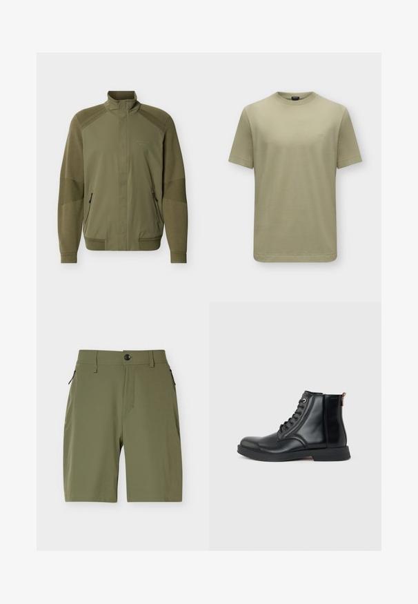 Veste zippée vert olive avec col montant, poignets et ourlet côtelés, manches en tricot texturé, et logo "Porsche BOSS" sur la poitrine.; T-shirt kaki uni à manches courtes avec col rond et petit logo "BOSS" sur la poitrine gauche.; Shorts pour hommes longueur genou de couleur vert olive avec fermeture par bouton et poches latérales zippées sur fond blanc.; Bottine en cuir noir avec laçage à l'avant, bout arrondi, semelle plate et languette à l'arrière sur un fond uni gris clair.