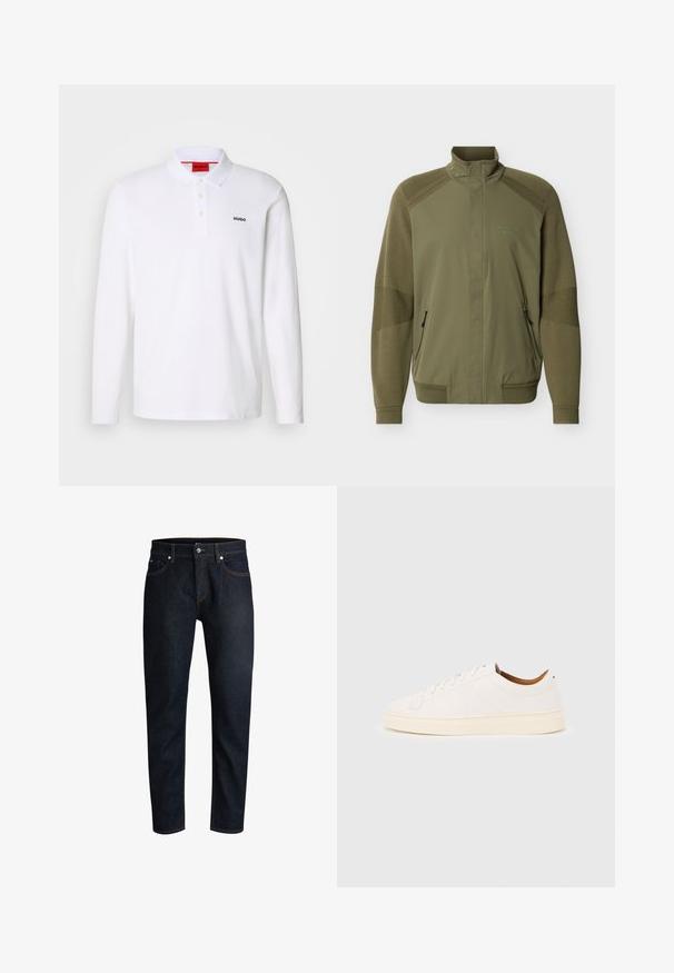 Olijfgroene jack met ritssluiting, hoge kraag, geribbelde manchetten en zoom, gestructureerde gebreide mouwen en "Porsche BOSS" logo op de borst.; Witte lange mouwen polo-shirt gemaakt van katoen, met een kraag, een drie-knops sluiting en een zwart "HUGO" logo op de linkerborst.; Donkerblauwe denim jeans met een rechte snit, vijf-pocket ontwerp, contrasterende oranje stiksels en zilveren knoopsluiting.; Witte lage sneaker met vetersluiting, minimale stikdetails en een crèmekleurige zool op een lichtgrijze achtergrond.