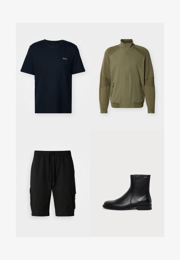 Olijfgroene jack met ritssluiting, hoge kraag, geribbelde manchetten en zoom, gestructureerde gebreide mouwen en "Porsche BOSS" logo op de borst.; Donkerblauwe katoenen T-shirt met een geribbelde textuur, korte mouwen en een klein wit "BOSS" logo op de linkerkant van de borst. Eenvoudig ontwerp met ronde hals.; Zwarte cargoshorts gemaakt van lichtgewicht stof, met een elastische tailleband, een trekkoord en zijvakken voor extra opbergruimte.; Zwarte leren enkellaars met lage hak, zijstiksels en klein "HUGO" logo op de bovenste boord tegen een effen achtergrond.