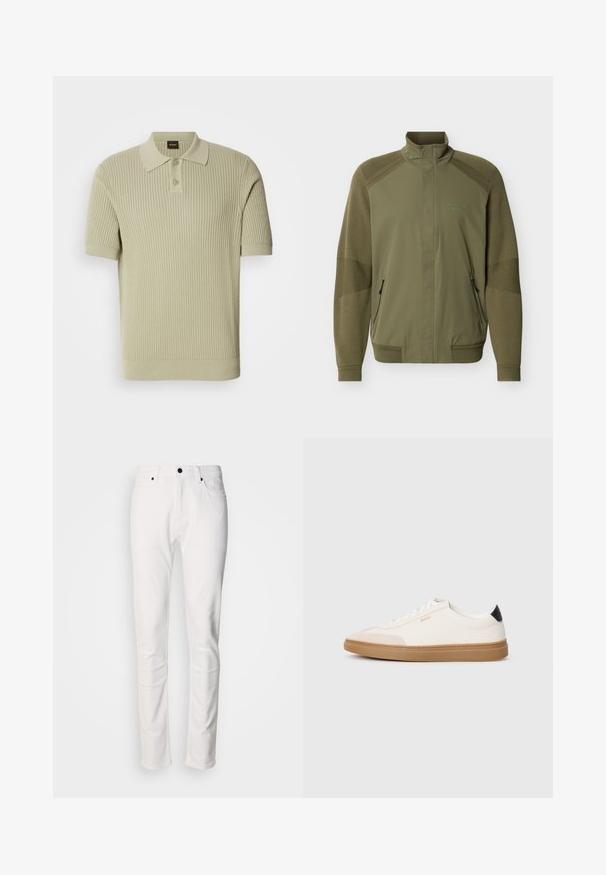 Veste zippée vert olive avec col montant, poignets et ourlet côtelés, manches en tricot texturé, et logo "Porsche BOSS" sur la poitrine.; Polo shirt vert clair à côtes avec des manches courtes, présentant une patte de boutonnage et un col plat. Texture en tricot doux avec une coupe ajustée.; Jean en denim blanc avec une coupe droite. Comprend cinq poches, des passants pour ceinture et une fermeture à bouton à l'avant. Texture lisse, coutures minimales.; Des baskets blanches avec des accents beiges, un dessus en cuir lisse, un bout arrondi et une semelle en caoutchouc beige, avec une languette de talon noire et un branding subtil.