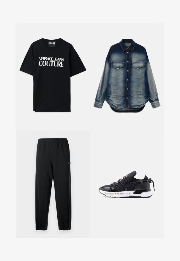 Chaqueta de mezclilla con un degradado azul, dos bolsillos en el pecho, botones plateados, mangas largas y un diseño de dobladillo curvado.; Camiseta de algodón negra con mangas cortas que presenta un gran texto blanco "VERSACE JEANS COUTURE" en la parte delantera. Diseño clásico de cuello redondo.; Pantalones deportivos negros con una cintura elástica, piernas ajustadas y un pequeño parche de marca. Fabricados con una tela suave y ligera.; Zapatillas deportivas negras con parte superior lisa, diseño con cordones, suela blanca y la marca "Versace Jeans Couture" en el lateral.
