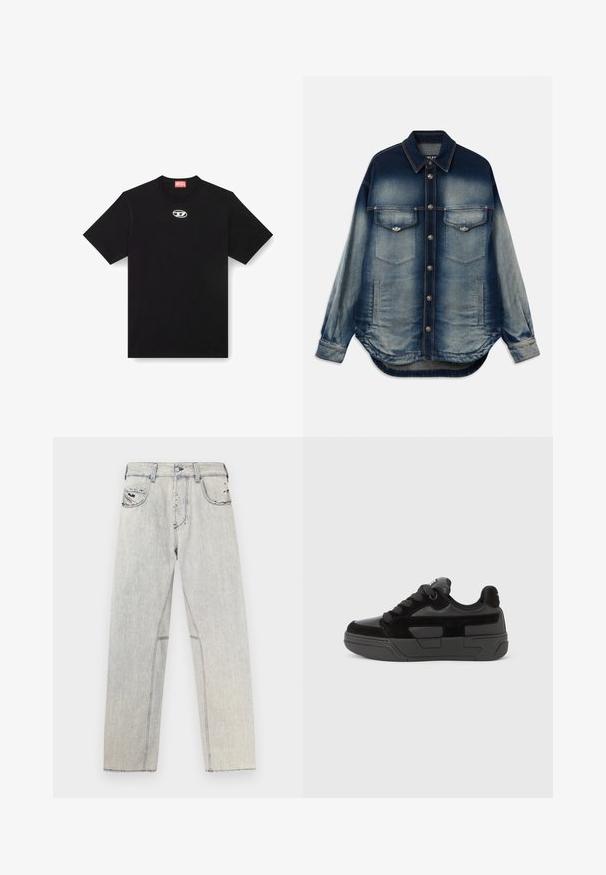 Jeansjacke mit einem Farbverlauf in Blau, zwei Brusttaschen, silbernen Knöpfen, langen Ärmeln und einem geschwungenen Saumdesign.; Schwarzes Baumwoll-T-Shirt mit Rundhalsausschnitt und kurzen Ärmeln. Enthält ein kleines, silbernes Logo, das in der Mitte vorne gestickt ist.; Hellblaue Jeans aus Denim mit geradem Schnitt, kontrastierenden Nähten, zwei Vordertaschen und abgenutzten Details im Stoff.; Schwarzer Sneaker mit einer Mischung aus glatten und strukturierten Materialien, ausgestattet mit einer runden Spitze, dicker Sohle und Schnürverschluss. Minimalistisches Design mit Akzenten.