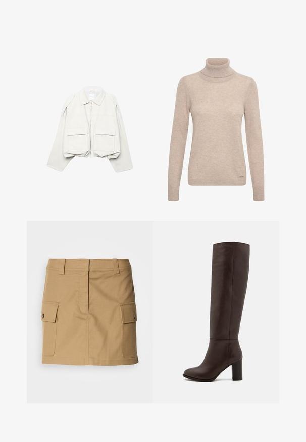 Lysebeige, cropped jakke med lange ærmer, krave, lynlås foran og to store klaplommer foran.; Beige turtleneck sweater lavet af blødt materiale, med lange ærmer, en tætsiddende pasform og en let ribbet tekstur ved halsen.; Khaki bomuldsnederdel med en tætsiddende talje, to sidelommer med klaplukninger og lige snit. Holdbart materiale med en glat overflade.; Brun læderknæhøj støvle med en blokhæl, glat tekstur, rund tå og minimale syninger.