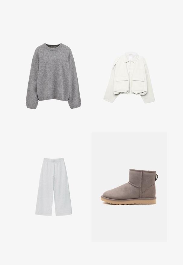 Lichtbeige cropped jas met lange mouwen, kraag, ritssluiting aan de voorkant en twee grote klepzakken aan de voorkant.; Zacht lichtgrijs gebreid trui met lange mouwen en geribde boorden, zoom en ronde hals.; Lichtgrijze wijde broek van zacht materiaal met een elastische tailleband. Het ontwerp heeft een losse pasvorm voor comfort en bewegingsvrijheid.; Lage grijze suède winterlaars met zachte voering en beige rubberen zool, zijaanzicht op een effen witte achtergrond.
