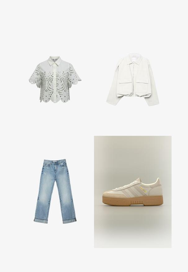 Veste courte beige clair avec manches longues, col, fermeture éclair à l'avant et deux grandes poches à rabat sur le devant.; Blouse blanche à manches courtes, boutonnée, ornée de motifs floraux ajourés et de bords festonnés aux manches et à l’ourlet.; Jean en denim bleu clair avec une légère usure, jambes droites, ourlets retroussés, poches avant et fermeture à boutons, taille 36.; Baskets Adidas crème et beige avec semelle en gomme, trois bandes sur le côté et "SPECIAL" écrit en or près des lacets.