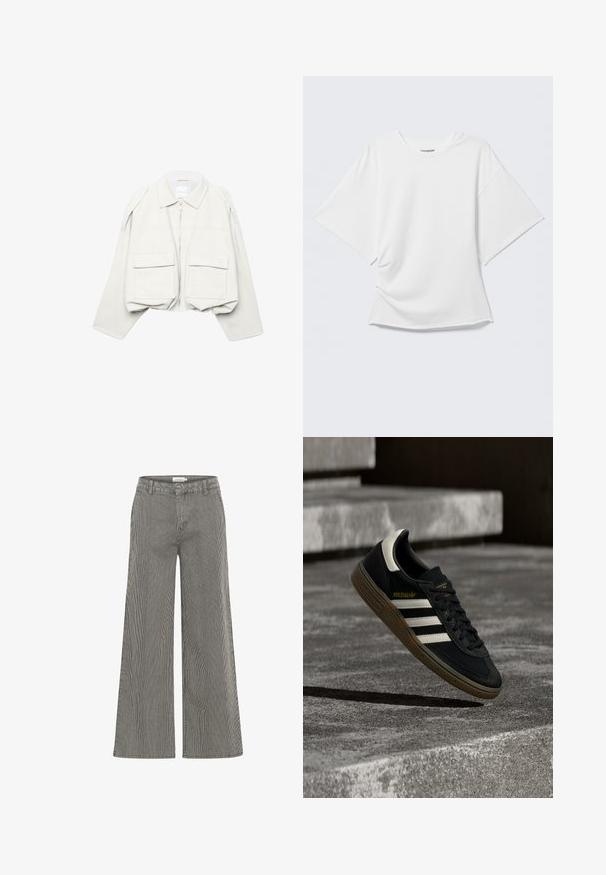 Lysebeige, cropped jakke med lange ærmer, krave, lynlås foran og to store klaplommer foran.; Hvid oversized T-shirt med korte ærmer og rund hals vist på en lysegrå baggrund.; Sort-hvide stribede vide bukser med høj talje, der har bæltestropper og en glat overflade. Velegnet til både afslappet og formelt brug.; Sort Adidas-sneaker med hvide striber og gummisåler, svævende over grå betontrapper i naturligt lys.