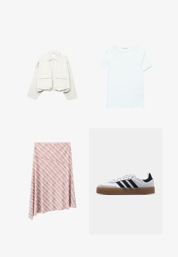 Veste courte beige clair avec manches longues, col, fermeture éclair à l'avant et deux grandes poches à rabat sur le devant.; T-shirt blanc uni en coton à manches courtes, col rond, présenté à plat sur un fond blanc, sans motifs ni logos visibles.; Jupe asymétrique rose à carreaux avec motif à carreaux diagonal et petite étiquette de marque à la taille sur fond blanc.; Baskets en cuir blanc avec des rayures noires, semelle extérieure en caoutchouc beige, bout rond, fermeture lacée et embout en suède gris doux.