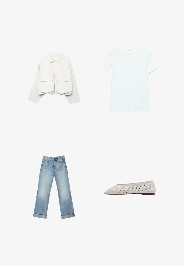 Veste courte beige clair avec manches longues, col, fermeture éclair à l'avant et deux grandes poches à rabat sur le devant.; T-shirt blanc uni en coton à manches courtes, col rond, présenté à plat sur un fond blanc, sans motifs ni logos visibles.; Jean en denim bleu clair à jambes larges avec revers de bas de pantalon et légère usure sur les poches avant et les cuisses.; Ballerines en tissu crème avec des paillettes argentées disposées en motif de points, bout rond et semelle brune basse. Dessus texturé pour une touche de détail supplémentaire.