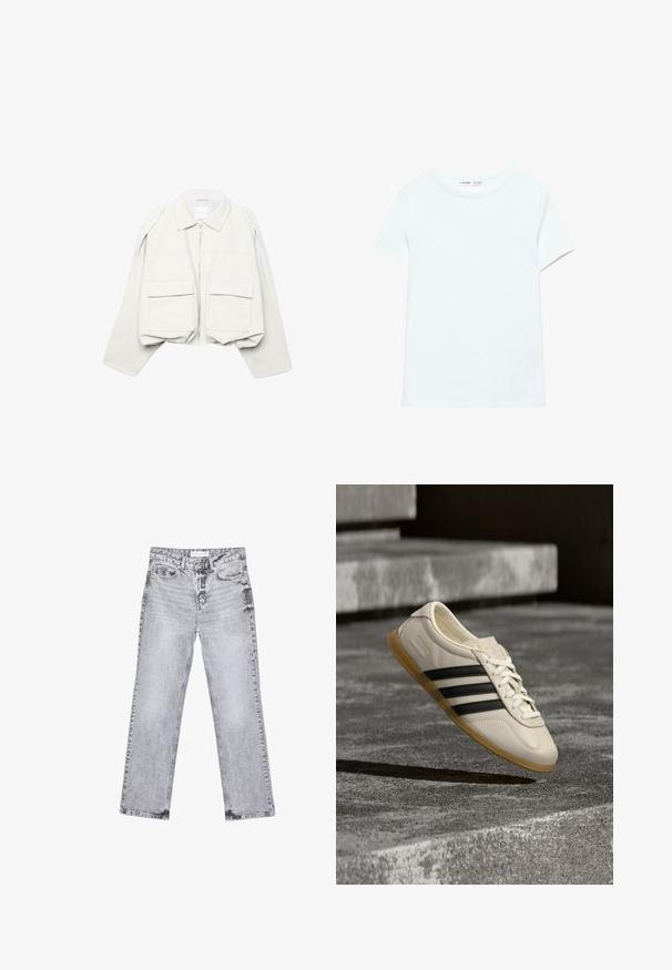 Lichtbeige cropped jas met lange mouwen, kraag, ritssluiting aan de voorkant en twee grote klepzakken aan de voorkant.; Effen wit katoenen T-shirt met korte mouwen en een ronde hals, plat gelegd op een witte achtergrond, zonder zichtbare patronen of logo's.; Grijze denim jeans met een rechte pijp, versleten details, vijf zakken en koperen klinknagels. De tailleband is voorzien van een logo-label.; Witte sneaker met zwarte strepen en rubberen zool zwevend boven betonnen trap in zacht daglicht.