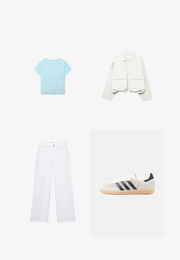 Veste courte beige clair avec manches longues, col, fermeture éclair à l'avant et deux grandes poches à rabat sur le devant.; T-shirt court bleu clair à manches courtes et col rond, avec un ourlet droit, posé à plat sur un fond blanc.; Jean blanc taille haute à jambes larges avec fermeture à boutons et zip, poches avant et arrière, et détails en rivets argentés.; Baskets en maille blanche avec un design à trois bandes noires, bout arrondi et semelle en caoutchouc gomme. Dotées d'un col de talon souple et d'une fermeture à lacets.