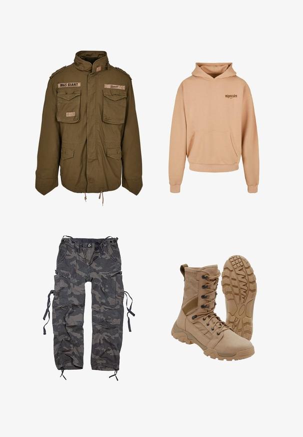 Oliivinvihreä M65-takki, jossa on pystykaulus, kaksi rintataskua, säädettävä vyötärön nauha ja ommellut tikkupatchit olkapäillä.; Beige huppari, jossa on etutasku, ribbaatut hihansuut ja helma, tummanruskea tekstilogo vasemmalla rinnassa. Pehmeä kangas.; Kampanjahousut harmaan ja mustan sävyissä, valmistettu kankaasta, jossa on hieman röpelöinen pinta. Varustettu useilla taskuilla ja nyöreillä helmoissa.; Hiekanvärinen taktinen nilkkapitoinen nauhavyökenkä ja kestävä kumipohja, yksi kenkä pystyssä ja toinen näyttää kulutuspinnan kuvion.