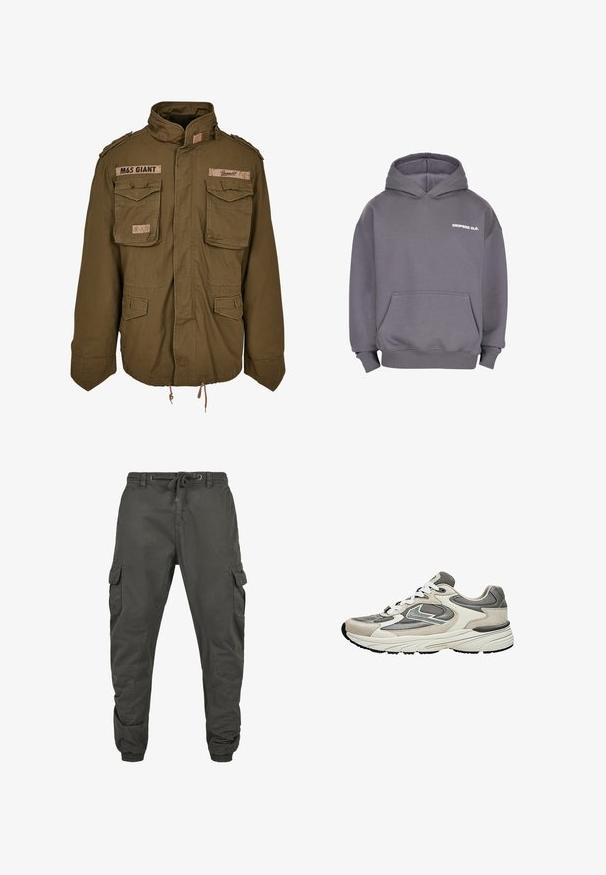 Veste M65 vert olive avec col montant, deux poches poitrine, cordon de serrage à la taille et patchs cousus sur les épaules.; Sweat-shirt à capuche gris avec poche kangourou et texte blanc "DROPSIZE CLO." sur la poitrine gauche.; Pantalons cargo en coton gris foncé avec une taille élastique, cordon de serrage réglable et plusieurs poches latérales. Poignets élastiques aux chevilles.; Baskets de sport gris clair et blanc avec panneaux en mesh et daim, lacets blancs et semelle épaisse et rembourrée, vues de côté.