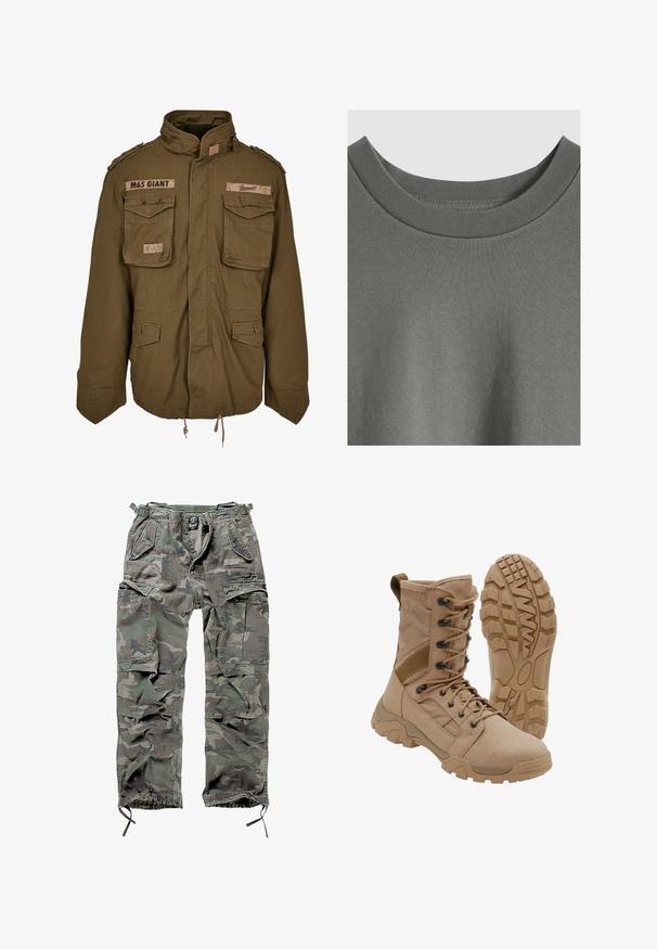 Olivegrüne M65-Jacke mit Stehkragen, zwei Brusttaschen, verstellbarem Taillenzug und aufgenähten Patches auf den Schultern.; Nahaufnahme eines schlichten grauen Rundhals-T-Shirts mit geripptem Kragen und glatter Baumwollstoffstruktur.; Tarnfarbene Cargo-Hose in Grün und Grau, ausgestattet mit mehreren Taschen, elastischem Bund, verstellbaren Knöchelbündchen und einer lockeren Passform.; Brauner taktischer Stiefel mit schnürbarem Knöchel-Design und robuster Gummisohle, ein Stiefel steht aufrecht, der andere zeigt das Profil der Sohle.