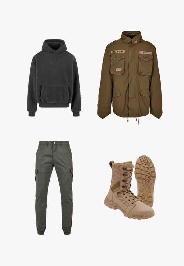 Olivengrøn M65 jakke med ståkrave, to brystlommer, justerbar talje-snører og broderede lapper på skuldrene.; Fleece hoodie i mørkegrå med en tekstureret overflade, en kangaroo-lomme og ribbede manchetter og kant. Har et lille logo på brystet.; Cargo bukser i olivengrøn med ternet mønster, der har sidelommer, knaplukning og elastiske manchetter ved anklerne.; Brun taktisk støvle med snørelukning i ankellængde og robust gummisål, en støvle står oprejst og den anden viser slidbanemønster.