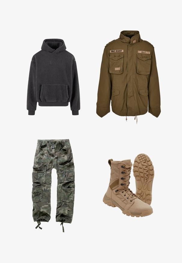 Olijfgroene M65-jack met een staande kraag, twee borstzakken, een verstelbare taille met trekkoord en geborduurde patches op de schouders.; Fleece hoodie in donkergrijs met een gestructureerd oppervlak, een kangaroozak en ribgebreide cuffs en zoom. Heeft een klein logo op de borst.; Cargo broek met camouflagepatroon van katoen, met meerdere zakken, elastische boorden en een losse pasvorm met een trekkoord in de taille.; Tan tactische laars met veterontwerp tot aan de enkel en stevige rubberen zool, één laars rechtopstaand en één die het profielpatroon toont.