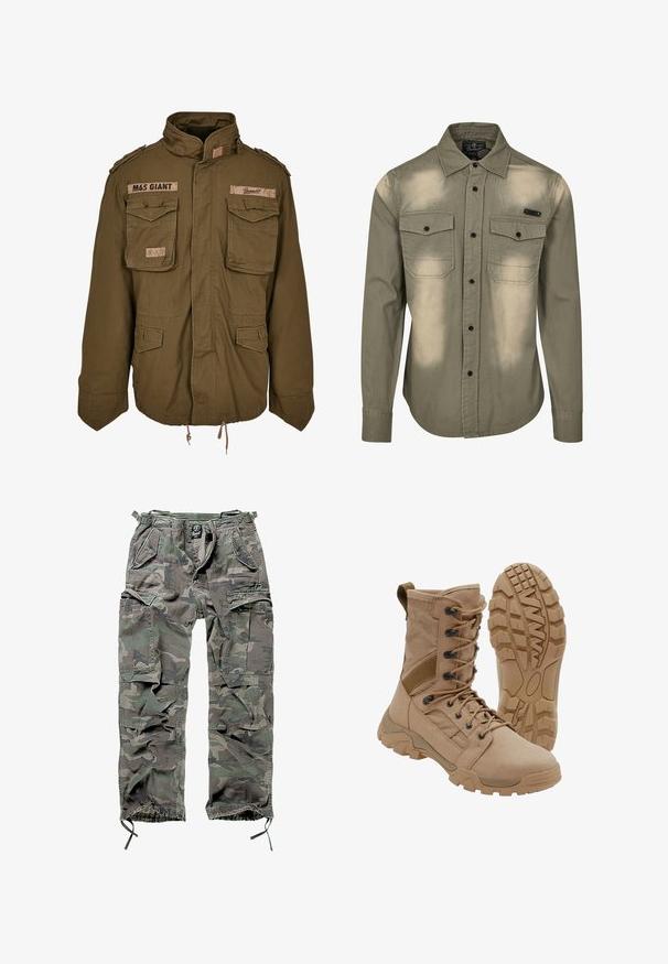 Chaqueta M65 verde oliva con cuello alzado, dos bolsillos en el pecho, cordón ajustable en la cintura y parches cosidos en los hombros.; Camisa de manga larga verde oliva de algodón con un diseño desvanecido. Tiene dos bolsillos en el pecho, un cierre frontal con botones y botones negros.; Pantalones cargo camuflados en verde y gris, con múltiples bolsillos, cintura elástica, puños de tobillo ajustables y un corte relajado.; Bota táctica color beige con diseño de cordones hasta la altura del tobillo y suela de goma resistente, una bota en posición vertical y la otra mostrando el patrón de la suela.