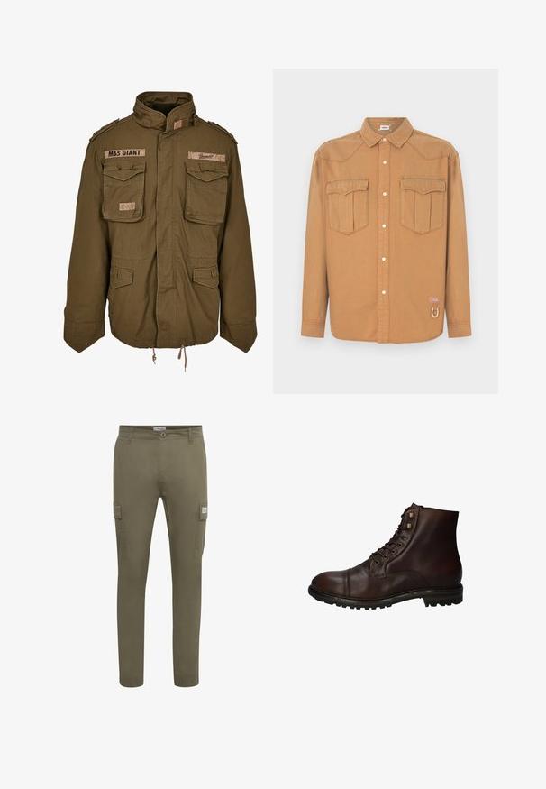 Chaqueta M65 verde oliva con cuello alzado, dos bolsillos en el pecho, cordón ajustable en la cintura y parches cosidos en los hombros.; Camisa de mezclilla marrón con dos bolsillos en el pecho, cuello puntiagudo, cierre de botones en el frente y costuras en contraste. Presenta un parche con logo y detalle de presilla.; Pantalones cargo verde oliva fabricados con un tejido ligero, con un corte recto, bolsillos laterales y puños elásticos en los tobillos.; Bota de tobillo de cuero marrón oscuro con cordones, suela de goma resistente y ojales de metal, vista desde el lado exterior.
