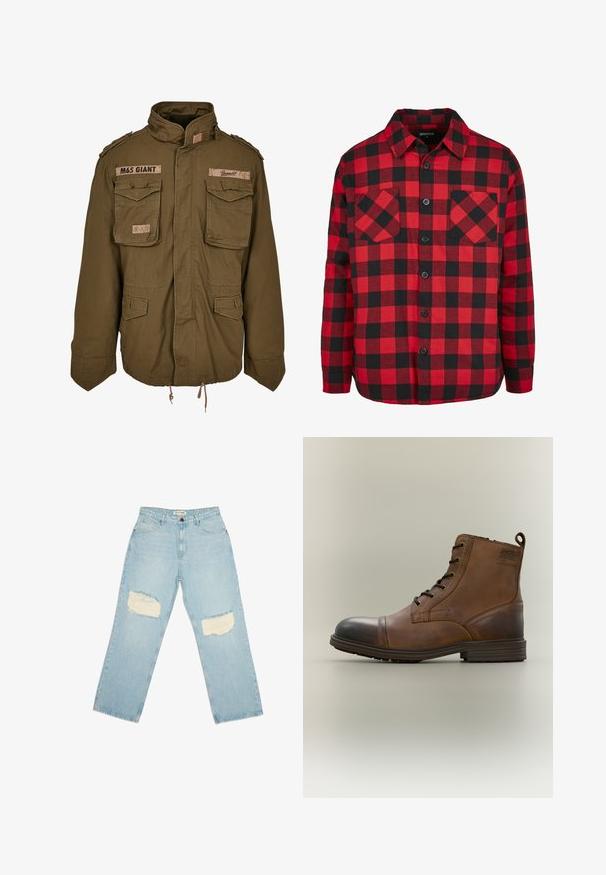 Chaqueta M65 verde oliva con cuello alzado, dos bolsillos en el pecho, cordón ajustable en la cintura y parches cosidos en los hombros.; Camisa de franela a cuadros rojos y negros con diseño de botones, que cuenta con dos bolsillos en el pecho y cuello tipo polo. Fabricada en algodón texturizado.; Jeans de mezclilla azul claro con cintura alta, piernas rectas y parches desgastados en ambos muslos.; Bota de cuero marrón con cordones hasta el tobillo, puntera negra, suela redonda y detalle de marca en el lateral sobre un fondo liso.