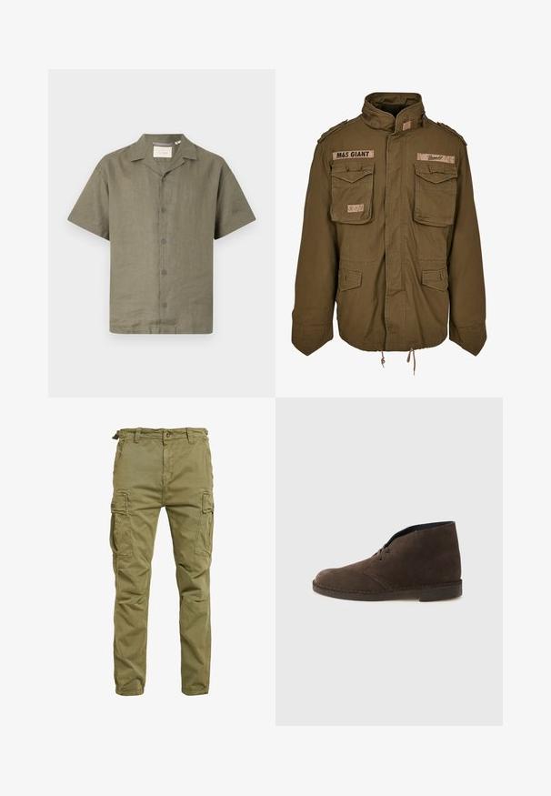 Olive roheline M65 jakk, millel on seisev krae, kaks rinnataskut, reguleeritav vöökoha pael ja õlgadel tikitud plaastrid.; Lühikeste varrukatega shirt oliivroheline linane kangas, millel on lahtine krae ja kuus sobivat nööpi ees, esitleb lõdvat istuvust ja tekstuurset kangast.; Oliivrohelised cargo püksid, mis on valmistatud puuvillast, kahe küljetasku, kahe cargo tasku ja nööbiga sulgemisega. Sile tekstuur, kitsenenud disain.; Pruun seemisnahast pahkluu saabaste paar kahe silmusega, madal konts ja õmmeldud tallaga, taustal helehall ühtlane pind.