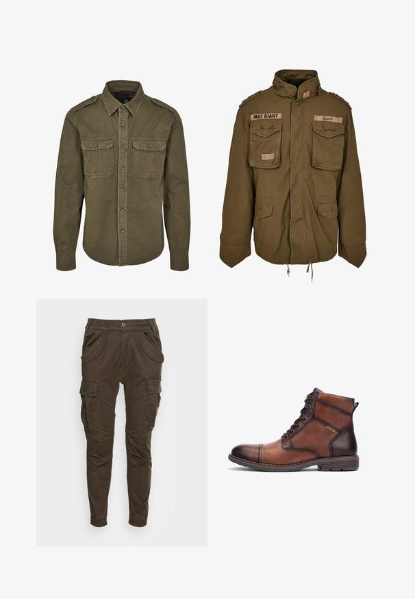 Chaqueta M65 verde oliva con cuello alzado, dos bolsillos en el pecho, cordón ajustable en la cintura y parches cosidos en los hombros.; Camisa verde oliva de botones hecha de algodón. Cuenta con un cuello, dos bolsillos en el pecho con solapas y hombros estructurados con costuras visibles.; Pantalones cargo marrones con un corte relajado. Con un cinturón elástico, bolsillos laterales y piernas ajustadas con puños elásticos. Fabricados con un tejido duradero.; Bota de hombre de ante y cuero marrón con cordones, detalles de costura, tacón bajo y logo de la marca en el lateral.