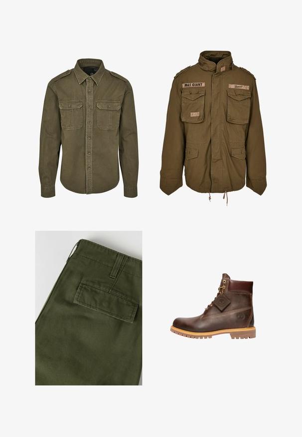 Olijfgroene M65-jack met een staande kraag, twee borstzakken, een verstelbare taille met trekkoord en geborduurde patches op de schouders.; Olijf groene button-up shirt van katoen. Heeft een kraag, twee borstzakken met kleppen en gestructureerde schouders met zichtbare stiksels.; Close-up van groene stoffen broek met achterzak met klep en riemlusdetail op een effen achtergrond.; Bruine leren enkelboot met een ronde neus, stevige zool, hardware in goudkleur en een gestructureerde bovenkant. Inclusief een merklabel dat is bevestigd.