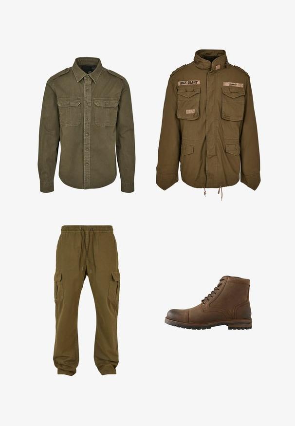 Chaqueta M65 verde oliva con cuello alzado, dos bolsillos en el pecho, cordón ajustable en la cintura y parches cosidos en los hombros.; Camisa verde oliva de botones hecha de algodón. Cuenta con un cuello, dos bolsillos en el pecho con solapas y hombros estructurados con costuras visibles.; Pantalones cargo de color verde oliva con cintura elástica, cierre de cordón, dos bolsillos laterales y dos bolsillos cargo en cada pierna. Tejido de algodón.; Bota de cuero marrón hasta el tobillo con cordones delanteros y suela rugosa, diseñada para uso casual o al aire libre.