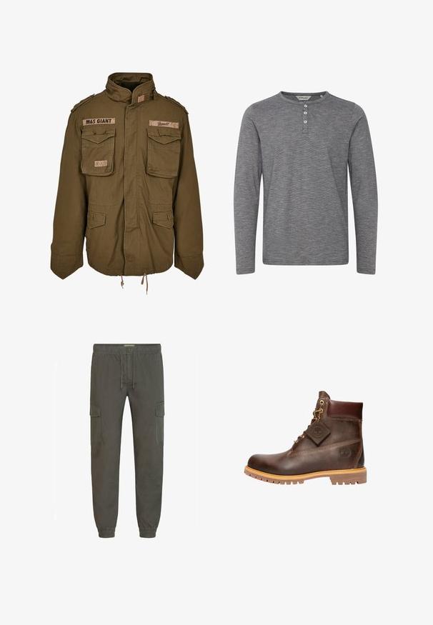 Chaqueta M65 verde oliva con cuello alzado, dos bolsillos en el pecho, cordón ajustable en la cintura y parches cosidos en los hombros.; Camisa henley de manga larga gris, hecha de una tela suave, con escote redondo, tapeta frontal con tres botones y una textura sutil.; Pantalones cargo en verde oliva oscuro, con cintura elástica y cordón regulable, bolsillos laterales y puños elásticos. Tejido liso y duradero.; Botín de cuero marrón hasta el tobillo con punta redonda, suela resistente, herrajes en tono dorado y parte superior texturizada. Incluye una etiqueta con el logo adjunta.