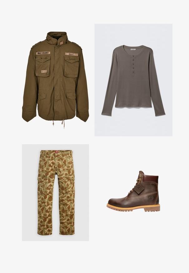 Olivegrüne M65-Jacke mit Stehkragen, zwei Brusttaschen, verstellbarem Taillenzug und aufgenähten Patches auf den Schultern.; Langärmeliges graues Henley-Shirt mit fünf Knöpfen und rundem Halsausschnitt, dargestellt vor einem schlichten weißen Hintergrund.; Tarnfarbe Cargo-Hose in verschiedenen Grüntönen und Brauntönen, mit mehreren Taschen und einer lockeren Passform, aus strapazierfähigem Material.; Braune Leder-Ankelstiefel mit runder Zehenpartie, robuster Sohle, goldfarbener Hardware und strukturiertem Obermaterial. Enthält ein angehängtes Logo-Tag.