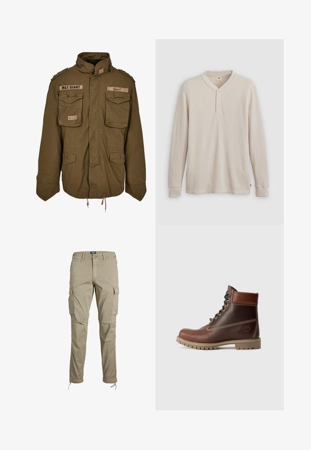 Olijfgroene M65-jack met een staande kraag, twee borstzakken, een verstelbare taille met trekkoord en geborduurde patches op de schouders.; Lange mouwen henley-shirt in lichtbeige ribbelstof, met een V-hals, een drieknoopsluiting en manchetten. Rode logo-label aan de onderkant.; Jack & Jones Cargo Tapered Fit - Cargobroek - dune; Bruine leren veterschoen tot de enkel met gevoerde kraag, contrasterende stiksels en een robuuste zool, getoond vanaf de buitenkant op een witte achtergrond.