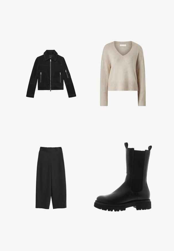 Sort ruskindjakke med frontlynlås, to lynlåslommer på brystet og en lynlåslomme på venstre ærme.; Beige strikket sweater med v-hals, lange ærmer og ribbede manchetter og kant. Blød tekstur, cropped pasform og minimal detaljering.; Sorte bukser med vide ben og glat tekstur, udstyret med elastisk talje og to sidelommer, der giver en afslappet pasform.; Sorte læder ankelstøvler med et slankt design, elastiske sidepaneler, grebsløkker og en kraftig gummisål med et takkede mønster.