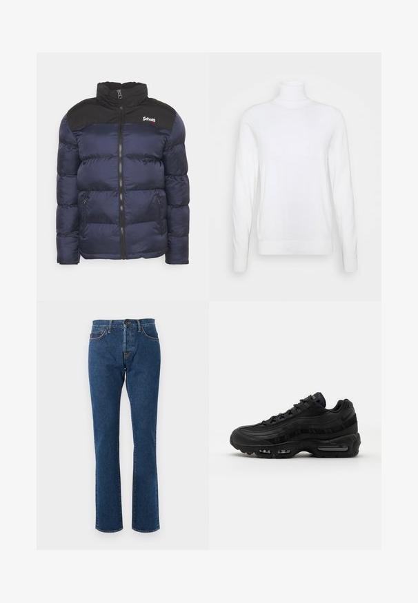 Schott UTAH - Vinterjakker - navy; Hvid turtleneck sweater med lange ærmer, lavet af glat stof. Har et tætsiddende design og ribbede manchetter og kant. Ingen mønstre eller accenter.; Straight-leg blå denimjeans med fem lommer, knaplukning og synlige syninger på en neutral baggrund.; Nike Sportswear AIR MAX 95 ESSENTIAL - Sneakers - black/dark grey