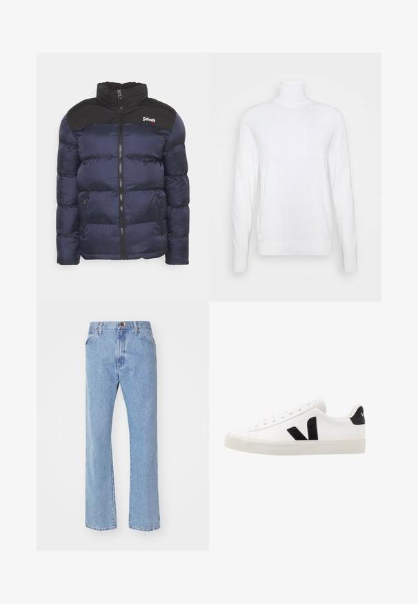 Schott UTAH - Winterjacke - navy; Weißer Rollkragenpullover mit langen Ärmeln, aus glattem Stoff gefertigt. Verfügt über eine taillierte Passform sowie gerippte Bündchen und Saum. Keine Muster oder Akzente.; Hellblaue Jeans mit geradem Bein, Frontknopf- und Reißverschluss, Gürtelschlaufen und normalen Vordertaschen.; Weiße Leder-Sneaker mit schwarzen Wildlederelementen; verfügen über eine Gummisohle, eine runde Spitze und ein klassisches Schnürdesign. Seitliches Logo in Schwarz.