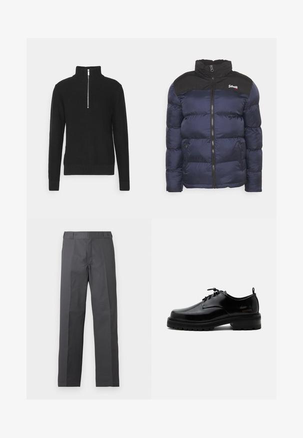 Schott UTAH - Vinterjakker - navy; Sort strikket pullover med høj krave, lynlås lukning, ribbede mansjetter og søm, med en glat tekstur og en tætsiddende silhuet.; Mørkegrå bukser med lige ben, flad front og uden synlige lommer, vist på en ensartet hvid baggrund.; Sort poleret læder snørestøvle med tyk gummisål og lav hæl, sideskilt med mærketekst "SAMSOE" og bageste træksnor.