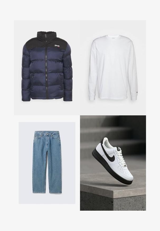 Schott UTAH - Vinterjakker - navy; Hvid langærmet T-shirt lavet af bomuld. Rund halsudskæring med ribbede manchetter og et lille logo på venstre ærme. Glat tekstur.; Lyseblå jeans med lige ben, forlommer, bæltestropper og knaplukning på ensfarvet baggrund.; Hvid lædersneaker med sorte detaljer, rundet tå og perforerede detaljer. Sort gummisål med tekstureret mønster og snørelukning.