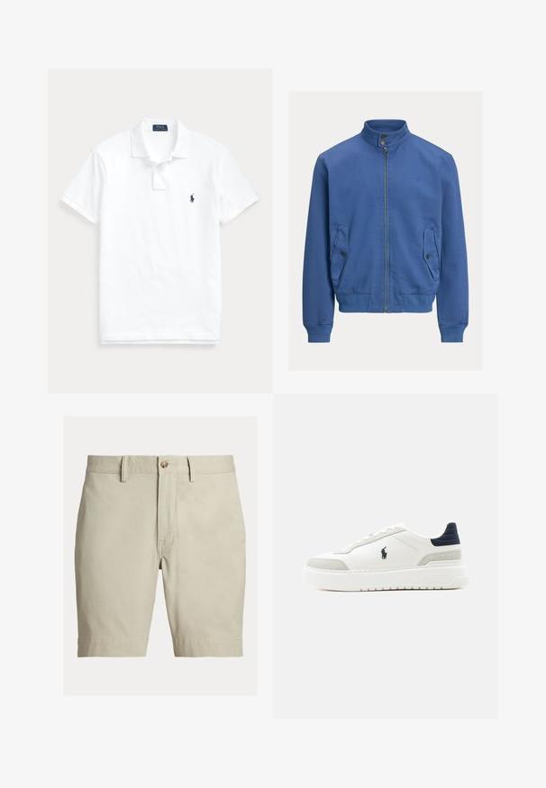 Blaues Zip-up-Jackett mit Stehkragen, zwei aufgesetzten Taschen mit Knopfklappen vorne, gerippten Bündchen und Saum sowie einem dezent bestickten Logo auf der Brust.; Weißes Poloshirt mit kurzen Ärmeln, Kragen, Zwei-Knopf-Leiste und kleinem dunkelblauem Logo auf der linken Brust.; Beige knielange Shorts mit Gürtelschlaufen, Knopfverschluss und Reißverschluss, vor weißem Hintergrund dargestellt.; Weißer Sneaker mit niedrigem Schaft, schwarzem Fersenriemen, grauen Wildlederakzenten, dicker Sohle und schwarzem Polo-Logo an der Außenseite.