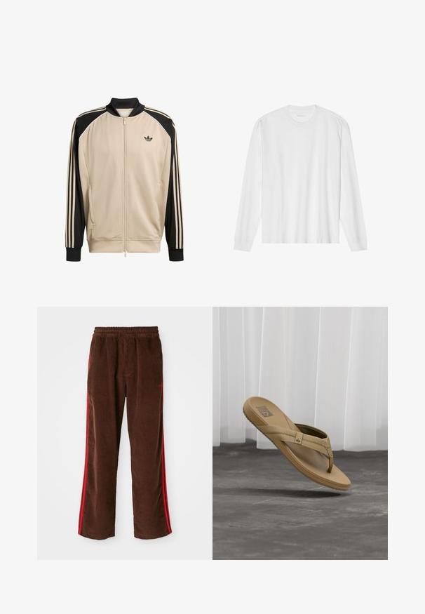 Beige sportjas met een mesh-structuur, zwarte accenten en drie zwarte strepen op de mouwen. Voorzien van een ritssluiting en een zwarte kraag.; Wit, lang katoen T-shirt met lange mouwen en ronde hals, met geribde manchetten en een rechte zoom, een gladde textuur en een minimalistisch ontwerp.; Bruine corduroy broek met een elastische tailleband, voorzien van rode zijkanten en rechte pijpen. Gelaagd stof met subtiele ribbel-details.; Beige teenslipper met stiksel-details en een textuurzool, hangend boven een grijze betonnen vloer tegen een witte gordijnachtergrond.