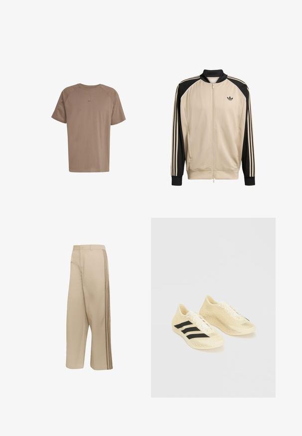 Beige Sportjacke mit Netzstruktur, schwarzen Akzenten und drei schwarzen Streifen an den Ärmeln. Ausgestattet mit einem Reißverschluss und einem schwarzen Kragen.; adidas Originals TEE - T-Shirt basic - earth strata; Beige Hosen mit weitem Bein und Knopf- sowie Reißverschluss, mit drei dunkleren beigen Seitenstreifen entlang der äußeren Nähte.; Hellbeige Sportschuhe mit schwarzen Streifen, Schnürverschluss und strukturiertem wellenartigem Design auf weißem Hintergrund.
