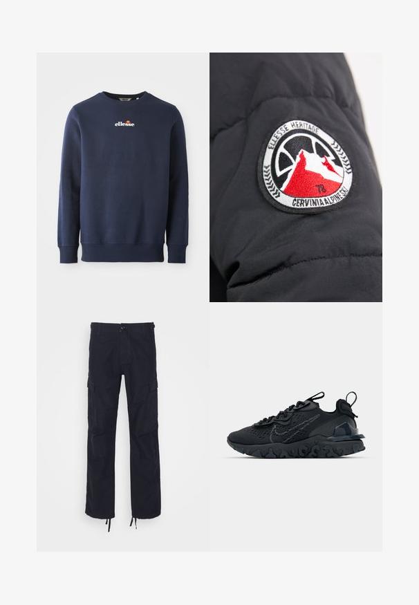 Zwarte gewatteerde jas met mouw waarop een ronde geborduurde patch is aangebracht met bergafbeeldingen in rood en wit, en de tekst "CERVINIA ALPINE SKI."; Navyblauwe sweatshirt gemaakt van een zachte stof, met een ronde hals en geribbelde manchetten. Geborduurd "ellesse" logo met gekleurde accenten.; Zwarte cargobroek met een relaxte pasvorm, voorzien van zijzakken, een knoopsluiting en verstelbare zoom. Gemaakt van stevig katoen.; Zwarte sportieve schoen met een ademende bovenkant van mesh, gestructureerde accenten en een golvende rubberen zool. Heeft een reflecterende logo en vetersysteem.