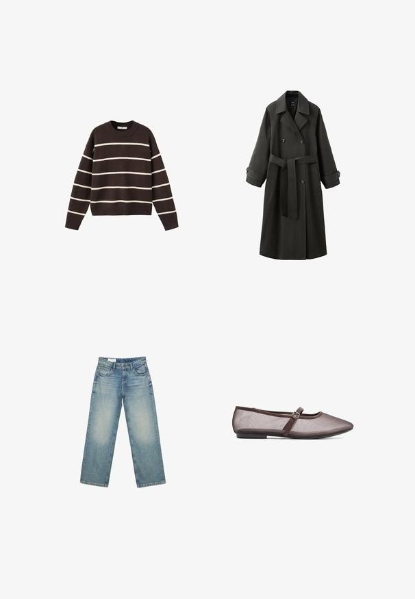 Mørkegrå dobbeltradet trenchcoat med brede revers, knappede stropper ved manchetterne, sidelommer og et bælte bundet foran i taljen.; Brun sweater med hvide vandrette striber, rund halsudskæring, lange ærmer og ribbede manchetter og kant, lavet af strikket stof.; Lyseblå straight-leg denimjeans med forlommer, bæltestropper og knaplukning, vist på en hvid baggrund.; Brune mesh ballerinaer med rund tå, flad sål og en tynd justerbar rem med en metalspænde over vristen.