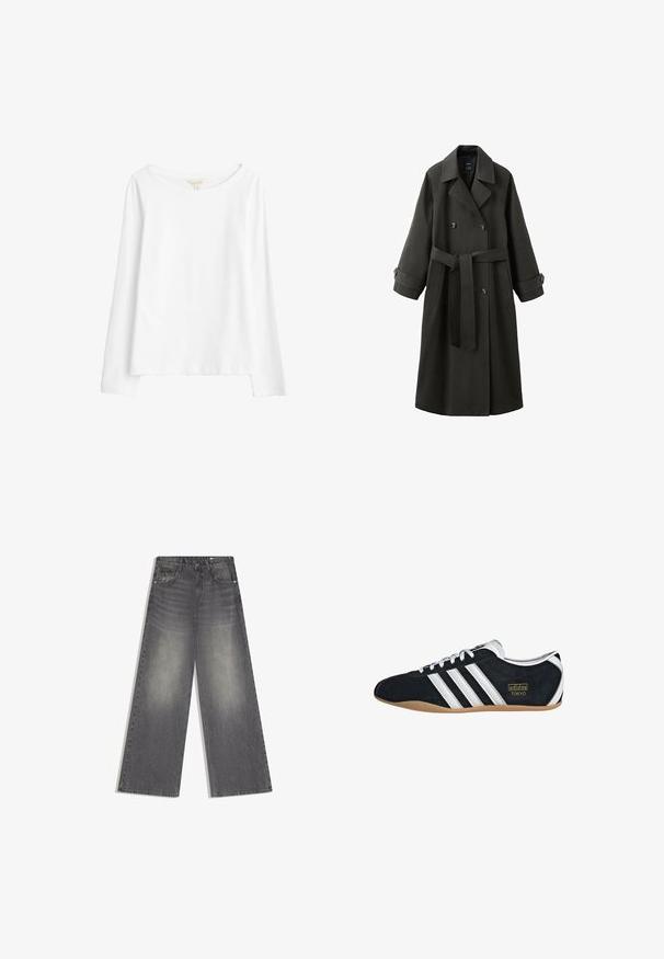 Trench-coat gris foncé à doubles boutonnages avec larges revers, brides boutonnées aux poignets, poches latérales et ceinture à la taille nouée à l'avant.; Seasalt Cornwall T-shirt à manches longues - white salt; Jean en denim gris à taille haute avec jambes larges, détails délavés, bouton et fermeture éclair à l'avant, et poches, sur un fond blanc.; Sneakers en suede noir avec trois bandes blanches, logo doré et semelle en caoutchouc marron. Présente un design à lacets à profil bas.