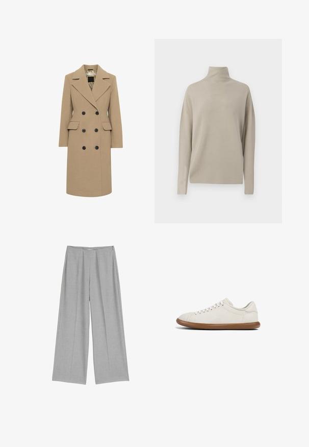 Dobbeltradet frakke i tan uldblanding, med sorte knapper, knapklippet krave og to sidelommer; fuldt foret med et mønstret interiør.; Lys beige turtleneck sweater, lavet af blødt strikmateriale, har en afslappet pasform med lange ærmer og høj krave. Ingen synlige mønstre.; Lys grå bredbenede bukser med en plisseret front, der har en glat tekstur og en diskret sidelukning med lynlås.; Lysebrune sneakers lavet af blødt stof med en glat tekstur. Rund spert, seks snøreringe og en fleksibel brun gummisål.