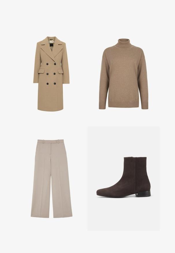 Dobbeltradet frakke i tan uldblanding, med sorte knapper, knapklippet krave og to sidelommer; fuldt foret med et mønstret interiør.; Beige langærmet rullekravepullover med ribstrikket krave, manchetter og kant, vist mod en hvid baggrund.; Beige vidde bukser med skjult frontlukning og sidelommer, designet til et formelt eller business casual look.; Mørkebrun ruskind ankelstøvle med lav blokhæl og sidelås, slank rundet tå, på ensartet lys baggrund.