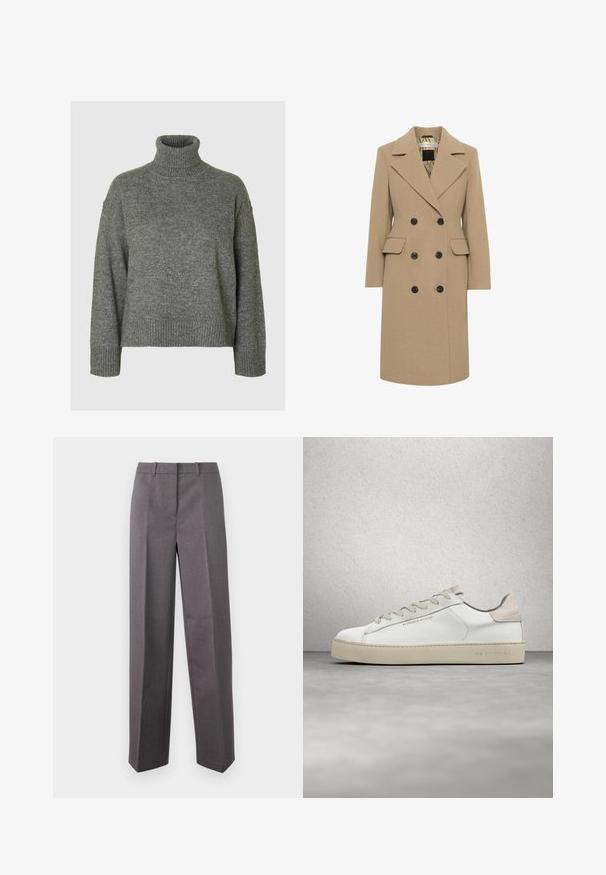 Manteau croisé en mélange de laine beige, doté de boutons noirs, de revers crantés et de deux poches latérales ; entièrement doublé avec un intérieur à motif.; Pull à col roulé gris fabriqué dans un matériau doux et texturé, avec une coupe décontractée. Présente un col, des poignets et un ourlet côtelés. Design simple.; Pantalon tailleur gris en tissu texturé, avec une coupe droite, un devant plat et des passants de ceinture.; Sneaker en cuir blanc avec une finition lisse, accents en suède beige, bout arrondi, design à lacets plats et semelle en caoutchouc texturée.