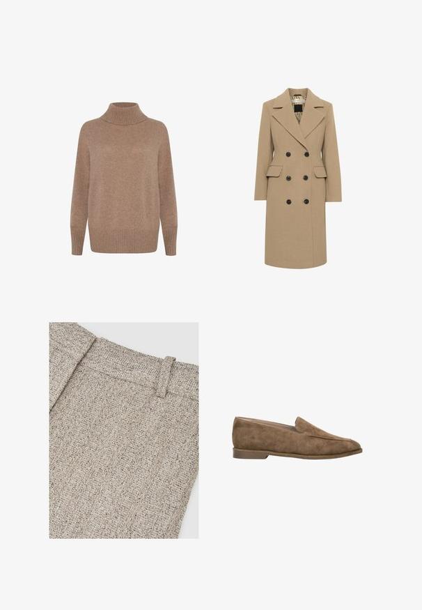 Dubbelzijdige jas in een tan wollen mix, met zwarte knopen, gelapte revers en twee zijzakken; volledig gevoerd met een patroon binnenin.; Lichtbruin, geribbeld turtleneck truitje met lange mouwen en een relaxed fit. Zachte textuur met een gladde afwerking. Eenvoudig, veelzijdig ontwerp.; Visgraatpatroon stof in tinten beige en grijs, voorzien van een gestructureerde tailleband en een verfijnde weefstructuur.; Bruine suède instapsloffen met lage hak en afgeronde neus, zijaanzicht tegen een witte achtergrond.