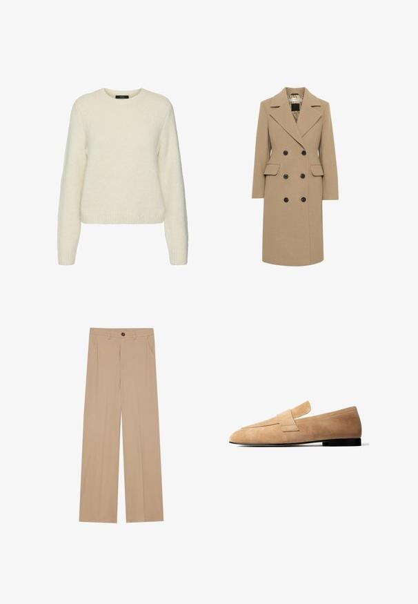 Manteau croisé en mélange de laine beige, doté de boutons noirs, de revers crantés et de deux poches latérales ; entièrement doublé avec un intérieur à motif.; Pull en laine blanc tricoté avec un col rond, des manches longues et des poignets et un ourlet côtelés. Texture douce et coupe décontractée.; Pantalons larges beiges avec une texture lisse, dotés de deux poches latérales, d'une fermeture à bouton à l'avant et de plis subtils pour plus de détails.; Mocassin en daim marron clair avec un petit talon noir et une large lanière sur le dessus, présenté de profil sur fond blanc.