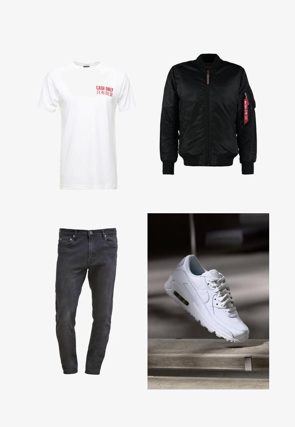 Schwarze Bomberjacke aus glattem Nylon mit durchgehendem Reißverschluss, gerippten Bündchen und Saum. Verfügt über eine seitliche Tasche mit rotem Etikett.; Weißes Baumwoll-T-Shirt mit kurzen Ärmeln, das auf der linken Brust rot bedruckten Text mit der Aufschrift "NUR BARZAHLUNG" und seiner chinesischen Entsprechung zeigt.; Schlanke schwarze Denim-Jeans im Slim-Fit mit fünf Taschen, Reißverschluss und subtilen Waschungen. Glatte Textur mit einem dunklen Waschfinish.; Weiße Lederturnschuhe mit strukturierten Oberflächen, gepolstertem Kragen und sichtbarer Luftpolsterung in der Sohle. Verfügt über Schnürsenkel und ein minimalistisches Design.