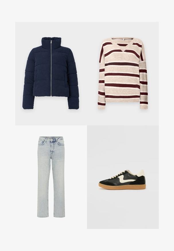 Mørkeblå fløjlspufferjakke med høj krave, fuld frontlynlås og lange ærmer, designet til koldt vejr.; V-hals sweater i beige med mørkerøde og cremefarvede striber. Har lange ærmer og ribkant. Blød tekstur og afslappet pasform.; My Essential Wardrobe WIDE 05 THE LOUIS 139 - Jeans Relaxed Fit - light blue dirty wash; Sorte ruskinds- og lædersneakers med en cremefarvet side-swoosh og lys cremefarvet hæl. Har beige snørebånd og en gummirubber-sål.
