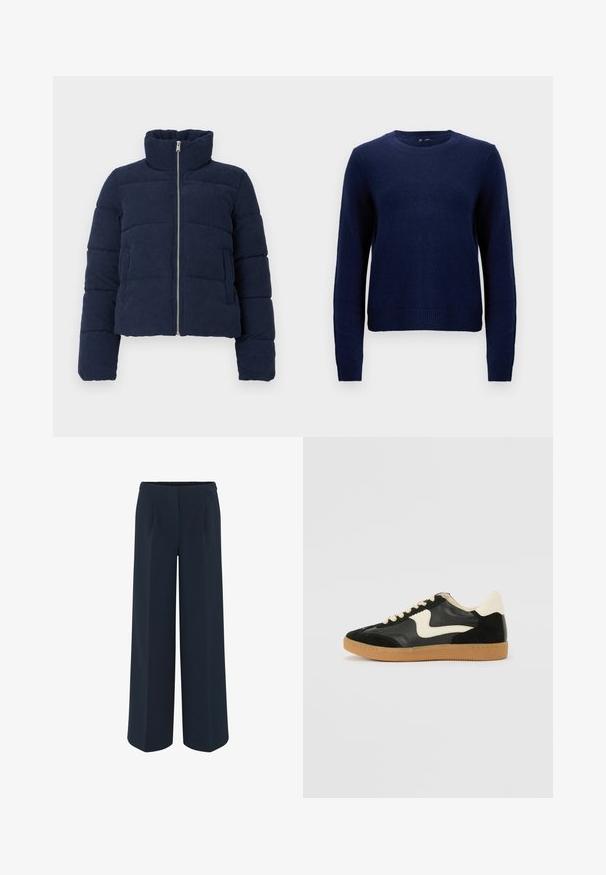 Marineblaues Corduroy-Puffermantel mit hohem Kragen, vollem Frontreißverschluss und langen Ärmeln, entworfen für kaltes Wetter.; Marineblaue Pullover aus weichem Strickstoff. Mit Rundhalsausschnitt und gerippten Bündchen sowie Saum. Einfaches, klassisches Design.; Weite Hose in Dunkelblau, aus glattem Stoff, mit maßgeschneiderten Falten und hohem Taillendesign. Keine sichtbaren Taschen oder Verzierungen.; Schwarze Wildleder- und Leder-Sneaker mit einem cremefarbenen Seiten-Swoosh und einer hellcremefarbenen Ferse. Ausgestattet mit beige Schnürsenkeln und einer Gummilaufsohle.